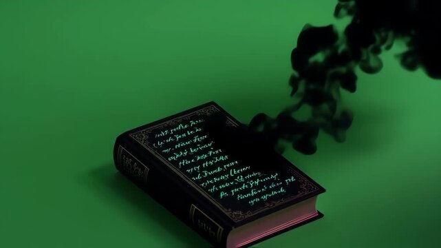 Ancient book with glowing text on green background - Powered by Adobe