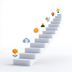 3D Illustration of White Modern Stairs with Colorful Icons Representing Growth and Achievements