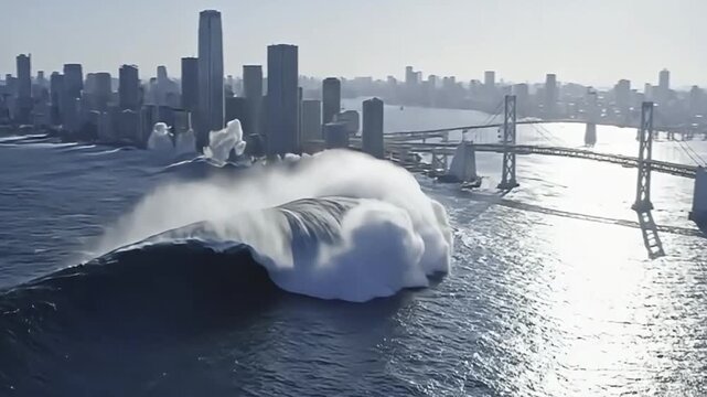 Epic 4K Footage of a Massive Tsunami Wave Striking an Urban Cityscape, Crashing Into Skyscrapers and Bridges.