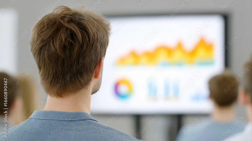 Poster audience focused on presentation with charts and graphs in conference room setting