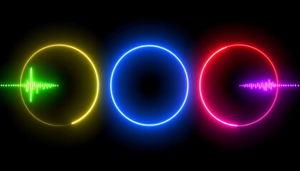 Three vibrant neon circles with subtle waveforms