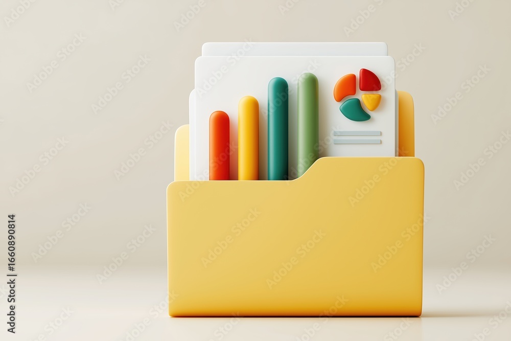 Poster colorful stationery in a yellow folder with graphs and charts for data analysis and organization