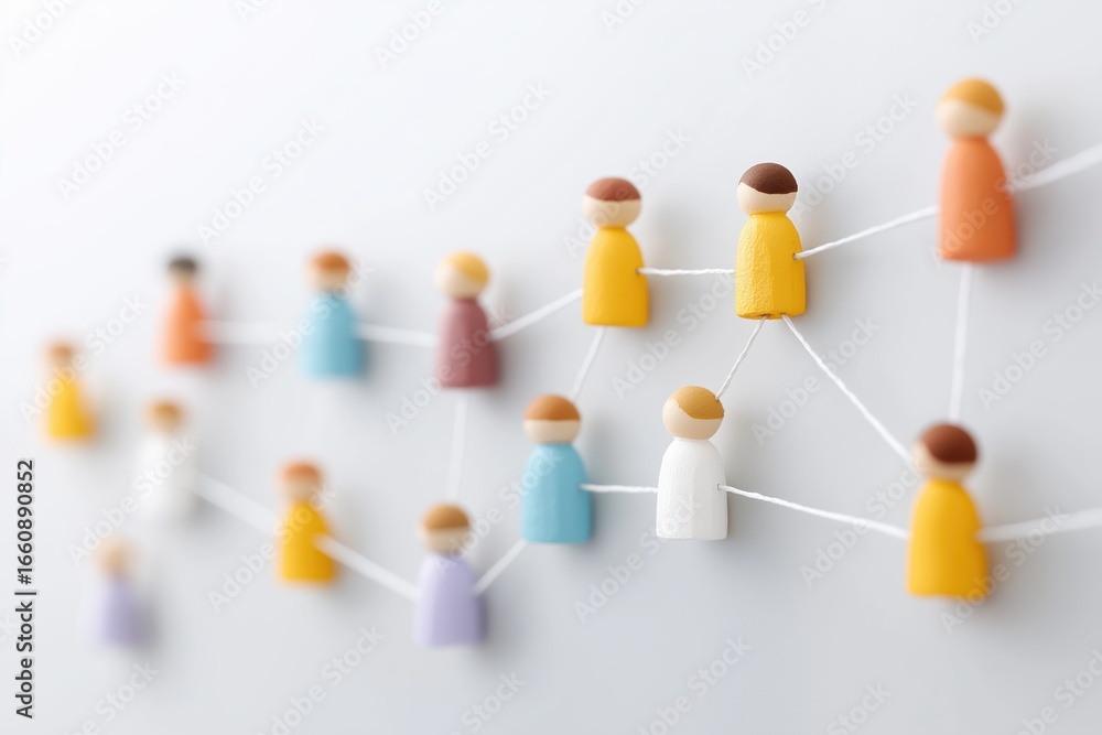 Aufkleber colorful wooden figures connected by strings representing community and network interaction