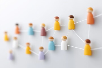 Colorful Wooden Figures Connected by Strings Representing Community and Network Interaction