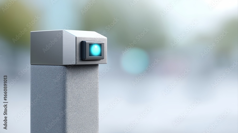 Poster modern security camera mounted on a post in an urban environment with soft background focus
