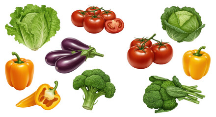 Fresh assorted colorful vegetables for culinary theme attractively arranged isolated on white background