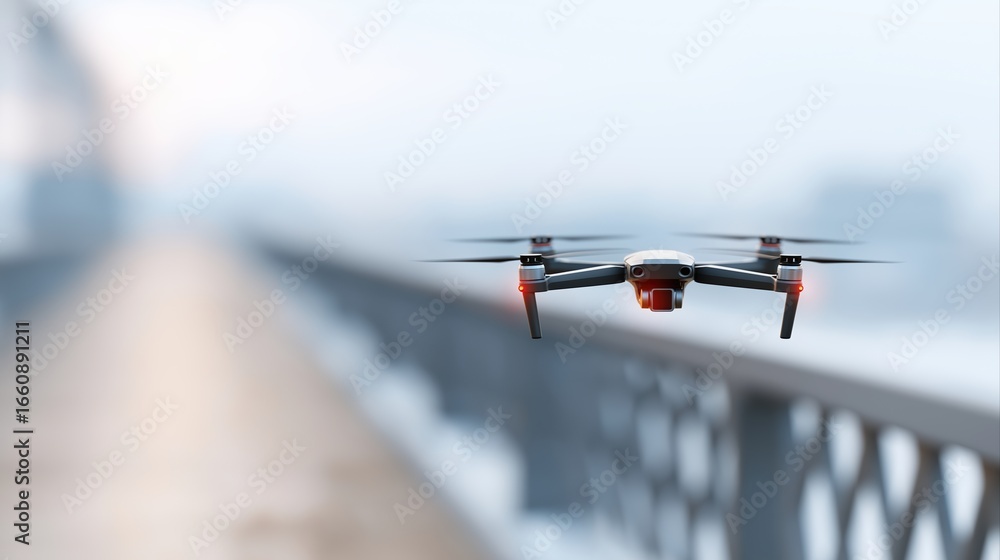 Aufkleber drone flying over bridge in a foggy environment with blurred background and calm atmosphere