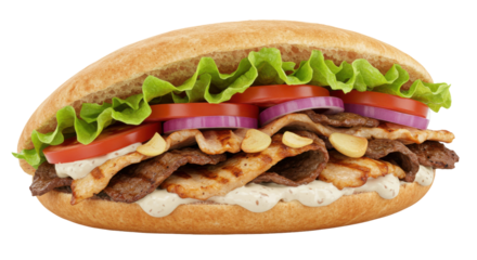 Delicious sandwich with grilled chicken and beef layered with fresh vegetables served on a rustic wooden table