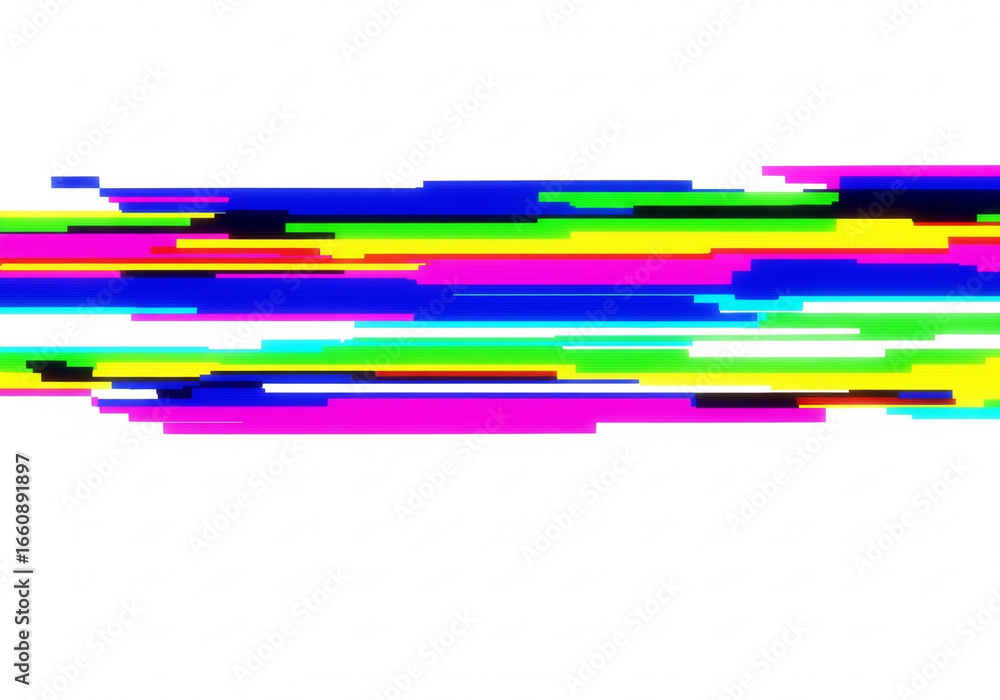 Poster vibrant neon glitch effect with striking digital error lines creating a dynamic, abstract distortion