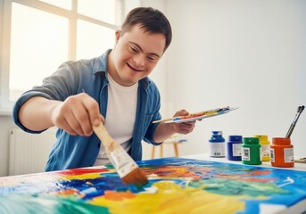 A smiling man with Down syndrome paints a colorful abstract piece on a canvas, holding a palette and a brush in a bright art studio.
