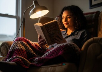 A woman sits comfortably in a chair, wrapped in a blanket, reading a book under the warm light of a floor lamp. She is smiling while she reads.