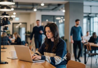 Obraz premium A woman with long brown hair works on a laptop at a long wooden desk in a busy, modern coworking space with blurred figures in the background.