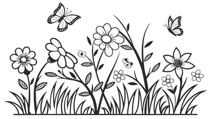 Spring Flowers and Butterflies Line Art Illustration