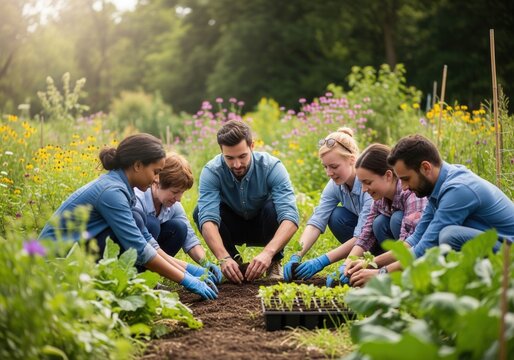 A group of five diverse people in denim shirts and work gloves are planting seedlings together in a community garden or field.