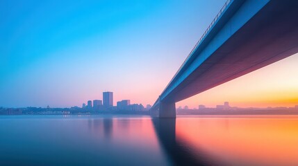 Stunning panoramic view of modern city skyline as seen from below a sleek bridge du sunset with soft pastel sky reflections on calm water