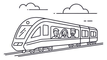 Sleek Commuter Train with Passengers on Railway Tracks - Minimalist Line Art