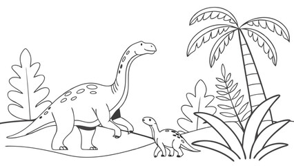 Fototapeta premium Prehistoric Dinosaur Family Coloring Page: Adult and Baby Dinosaurs in Jungle Landscape Illustration