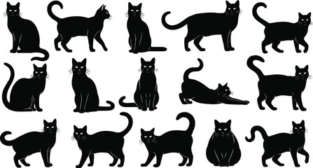 Set of black cat silhouettes in various poses, isolated on white background, vector illustration for Halloween, pets, or decoration