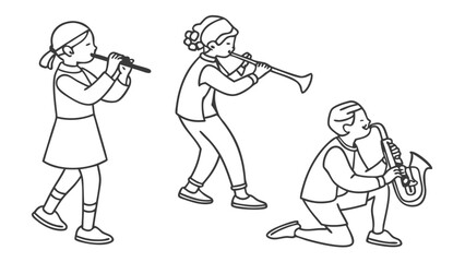 Children Playing Wind Instruments: Flute, Trumpet, and Saxophone Line Art Illustration
