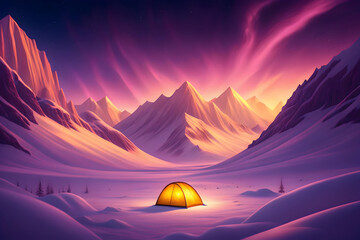 "Dramatic snowy mountain landscape under purple pink sunset sky with glowing tent in foreground, ethereal cinematic digital art atmosphere, highly detailed photorealistic, jpg file"