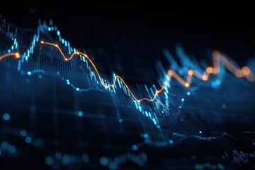 Abstract financial chart with fluctuating lines, glowing orange and blue highlights on a dark background.  Complex data visualization