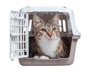 Tabby cat inside pet carrier