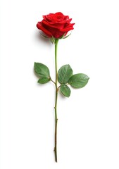 Single red rose, elegant and isolated on white background