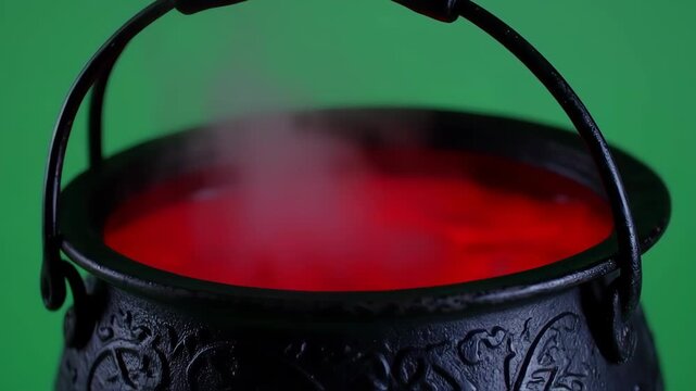 Black cauldron with red liquid and steam