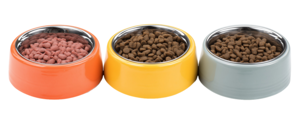 Three bowls filled with pet food