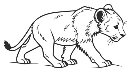 Obraz premium Adorable Lion Cub Walking Line Art. Black and White Outline Drawing for Coloring Books, Safari Animal Illustration.