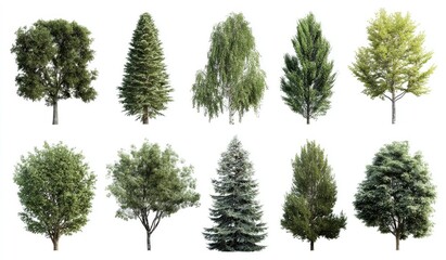Collection of various trees, isolated on white background.  Different types and sizes.  Green foliage.  Detailed renderings