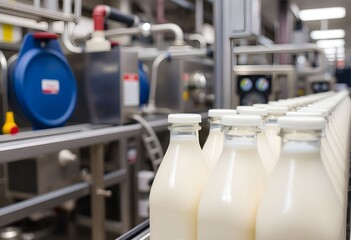 Milk bottles on a conveyor belt in a modern dairy processing factory.