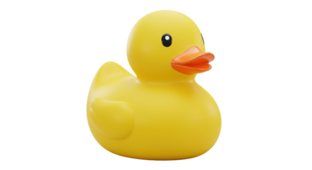 A vibrant yellow rubber duck floating serenely in a clear blue water background isolated on white background