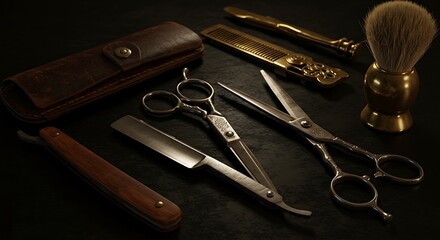 Vintage Grooming Tools Still Life Professional Barber Equipment on Black Surface