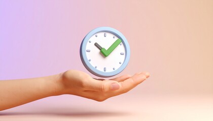 3D clock icon and check mark floating above a hand