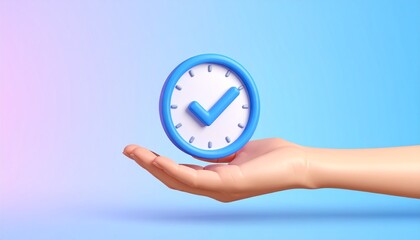 3D clock icon and check mark floating above a hand