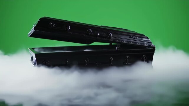 Black coffin in fog on green screen