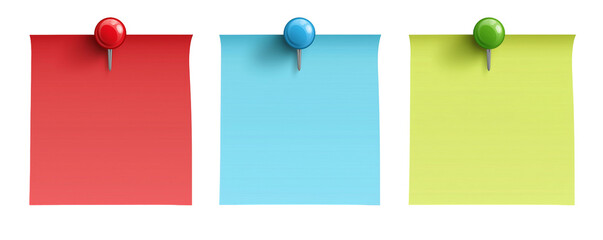 Three colorful sticky notes with push pins