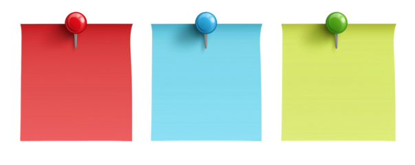 Three colorful sticky notes with push pins