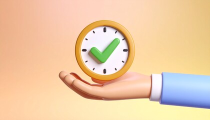 3D clock icon and check mark floating above a hand