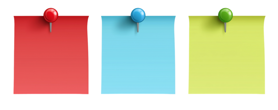 Three colorful sticky notes with push pins