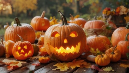 A Festive Gathering of Glowing Jack-o'-Lanterns on a Rustic Wooden Table Amidst Autumn Leaves