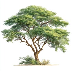 Lush, single acacia tree illustration against white background
