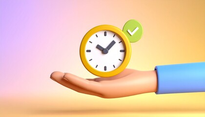 3D clock icon and check mark floating above a hand