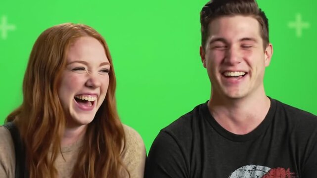 A young man and woman with red hair laugh heartily together in front of a green screen background.