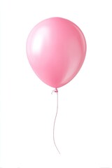 A single, glossy, pink balloon floats against a white background.  Its smooth surface reflects light, and a thin string descends from its bottom