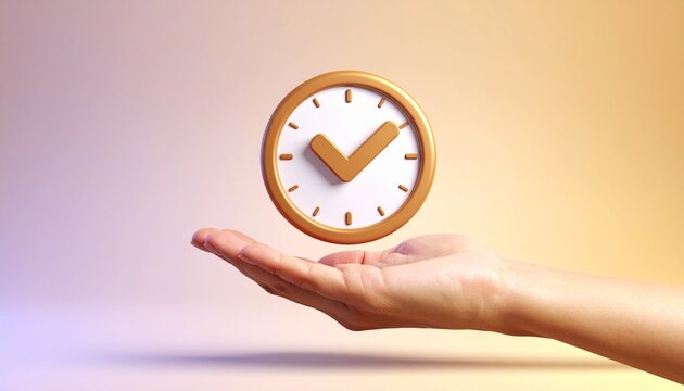 3D clock icon and check mark floating above a hand