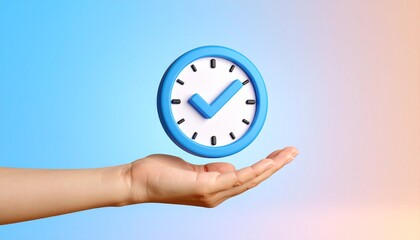 3D clock icon and check mark floating above a hand