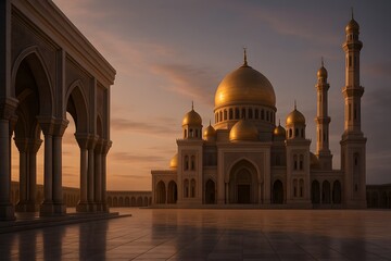 Golden Mosque with Large Dome and Minarets at Sunset in Middle Eastern Architecture