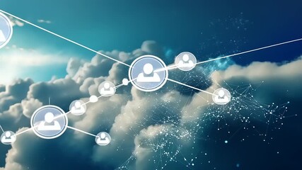 Abstract representation of digital connectivity with user icons overlaid on a cloud background - Powered by Adobe